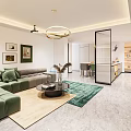 Modern Living Dining Room Interior With Green Sofa Coffee Table Chandelier Decorative Paintings And Rugs