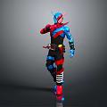 Armored Character With Insect Features In Red Blue Black Armor And Striped Details Standing Pose