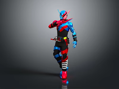 Armored Character With Insect Features In Red Blue Black Armor And Striped Details Standing Pose 3d model