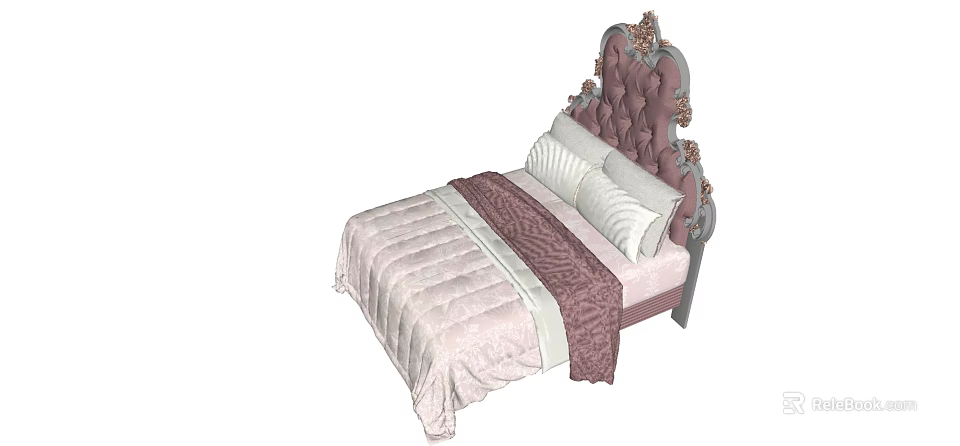Elegant Double Bed With Tufted Headboard Decorative Details Striped Quilt And Pillows 3d model 