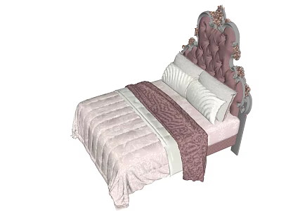 Elegant Double Bed With Tufted Headboard Decorative Details Striped Quilt And Pillows 3d model
