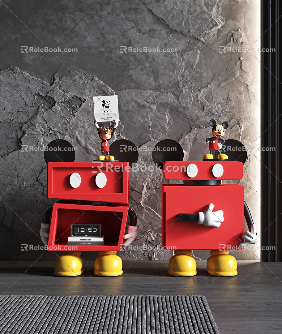 Cartoon Mickey Mouse Bedside Cabinet Cartoon Side Cabinet Mickey Mouse Hand Clock Books 3d model