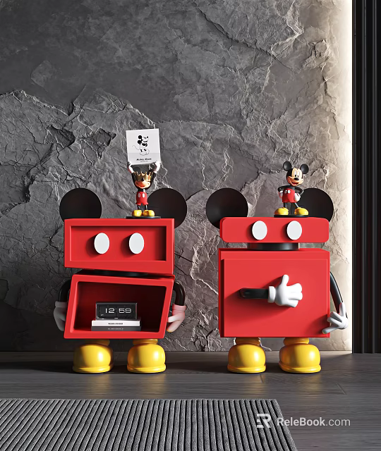 Red Robot Shaped Mickey Mouse Dolls With Card Extended Hand Yellow Feet And Gray Wall 3d model 