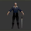 White Haired Warrior Character Wearing Dark Blue Shirt And Black Tight Pants With Sword