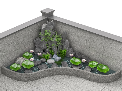 rockery waterscape pool stone lotus leaf flowers grass pebbles model