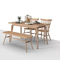 Simple Wooden Dining Table Set With Chairs Bench And Tableware Decorative Plants 3d model