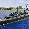 Green and White Warship on Blue Water with Masts and Distant Shore