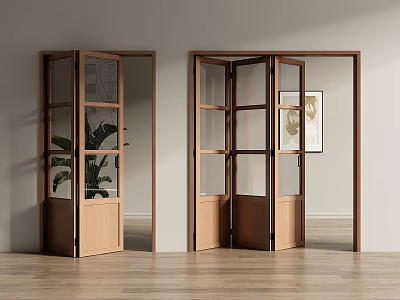 Stylish Wooden Folding Doors With Glass Panels In Interior Space And Decorative Painting 3d model
