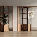Stylish Wooden Folding Doors With Glass Panels In Interior Space And Decorative Painting