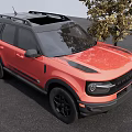 Red SUV With Black Roof And Black Wheels Parked By Tree On Gray Ground