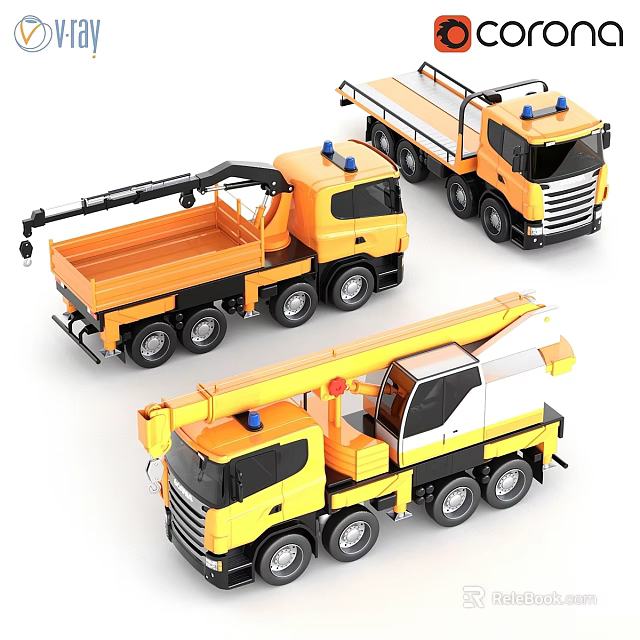 Colorful Toy Trucks With Crane Flatbed And Blue Warning Lights For Kids 3d model 