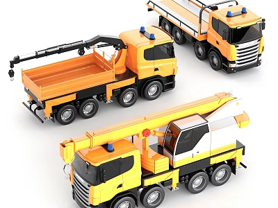 Colorful Toy Trucks With Crane Flatbed And Blue Warning Lights For Kids 3d model