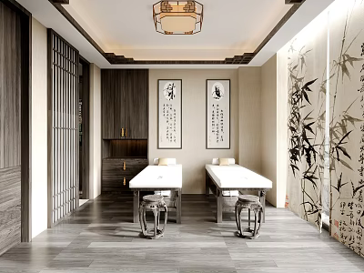 Chinese Style Hospital Outpatient Clinic Interior With Examination Beds And Calligraphy Decorations 3d model