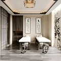 Chinese Style Hospital Outpatient Clinic Interior With Examination Beds And Calligraphy Decorations