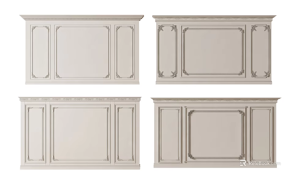 Sofa Backdrop Wall With White Decorative Moldings And Different Frame Designs 3d model