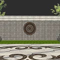 Stone Landscape Feature Wall With Circular Ornament Grid Pattern Lawn Trees And Patterned Paving 3d model