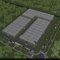 Industrial Warehouse Complex Featuring Multiple Buildings Large Roofs and Green Surroundings