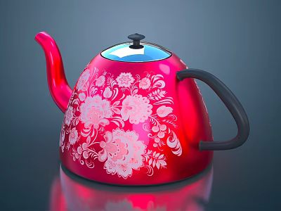Stylish Red Electric Kettle With White Floral Patterns Blue Lid And Black Handle 3d model