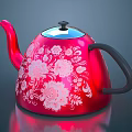 Stylish Red Electric Kettle With White Floral Patterns Blue Lid And Black Handle