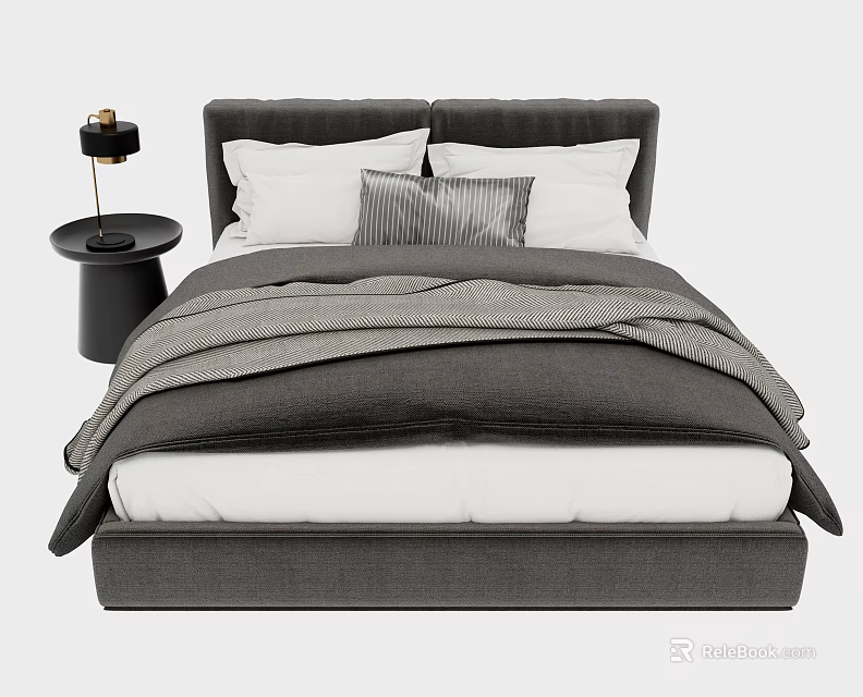 Gray Double Bed With White Pillows Gray Blanket And Black Nightstand Table Lamp 3d model