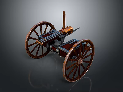 Old Fashioned Wheeled Weapon With Large Wooden Wheels And Metal Barrel 3d model
