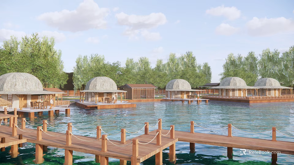 Waterfront Dome Shaped Bungalow Buildings With Wooden Piers And Green Trees 3d model 