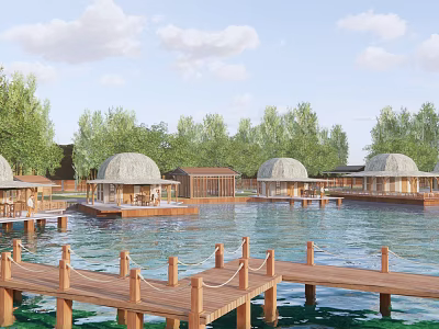 Waterfront Dome Shaped Bungalow Buildings With Wooden Piers And Green Trees 3d model