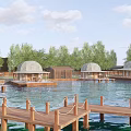 Waterfront Dome Shaped Bungalow Buildings With Wooden Piers And Green Trees