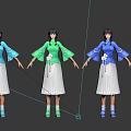 Women in Blue Green Pink Tops and White Pleated Skirts With Flower Decorations
