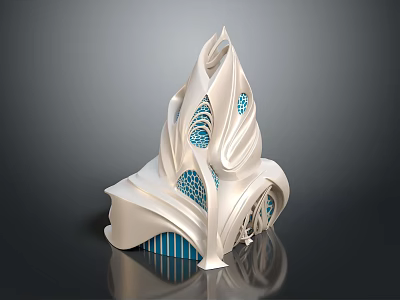 Cartoon Scene Featuring Whimsical White Flowing Building With Blue Decorative Accents And Striped Base 3d model