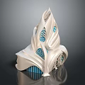 Cartoon Scene Featuring Whimsical White Flowing Building With Blue Decorative Accents And Striped Base