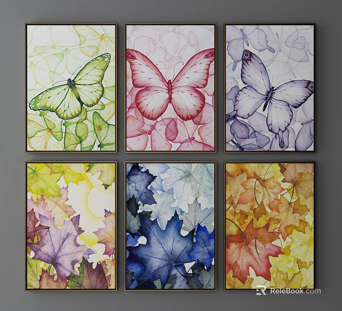 Watercolor Paintings of Butterflies and Maple Leaves in Vibrant Colors 3d model 