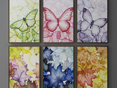 Watercolor Paintings of Butterflies and Maple Leaves in Vibrant Colors 3d model