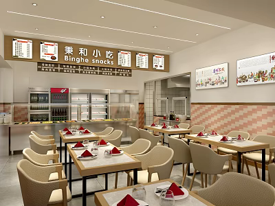 Burghe Snacks Restaurant With Open Counter Area Tables Red Napkins Menu Posters And Refrigerated Displays 3d model