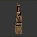 Carved Brown Sculptural Tower Structure With Textured Surface And Layered Sections