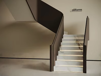 Modern Staircase Design With Marble Steps And Black Handrail In Minimalist Style 3d model