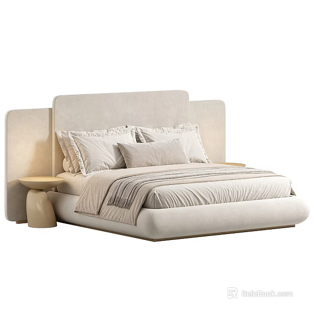 Minimalist Modern Double Bed With Beige Upholstered Headboard And Striped Bed Linens 3d model 