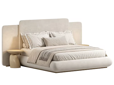 Minimalist Modern Double Bed With Beige Upholstered Headboard And Striped Bed Linens 3d model