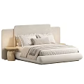 Minimalist Modern Double Bed With Beige Upholstered Headboard And Striped Bed Linens