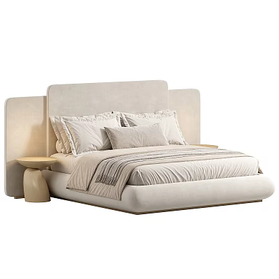 Minimalist Modern Double Bed With Beige Upholstered Headboard And Striped Bed Linens 3d model
