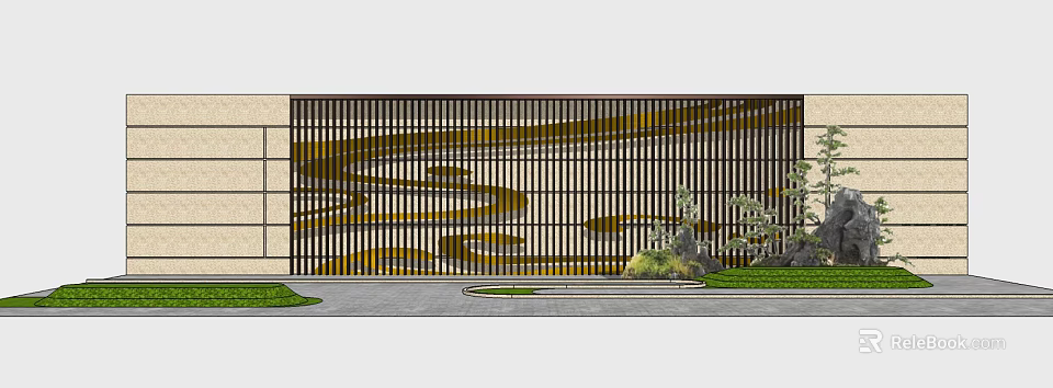 Modern Feature Wall Design With Metal Grille And Wavy Pattern Surrounded By Green Plants 3d model 