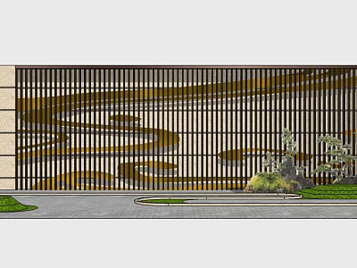 Modern Feature Wall Design With Metal Grille And Wavy Pattern Surrounded By Green Plants 3d model