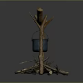 Natural Wooden Log Structure with Hanging Cooking Pot Over Burning Fire Pit