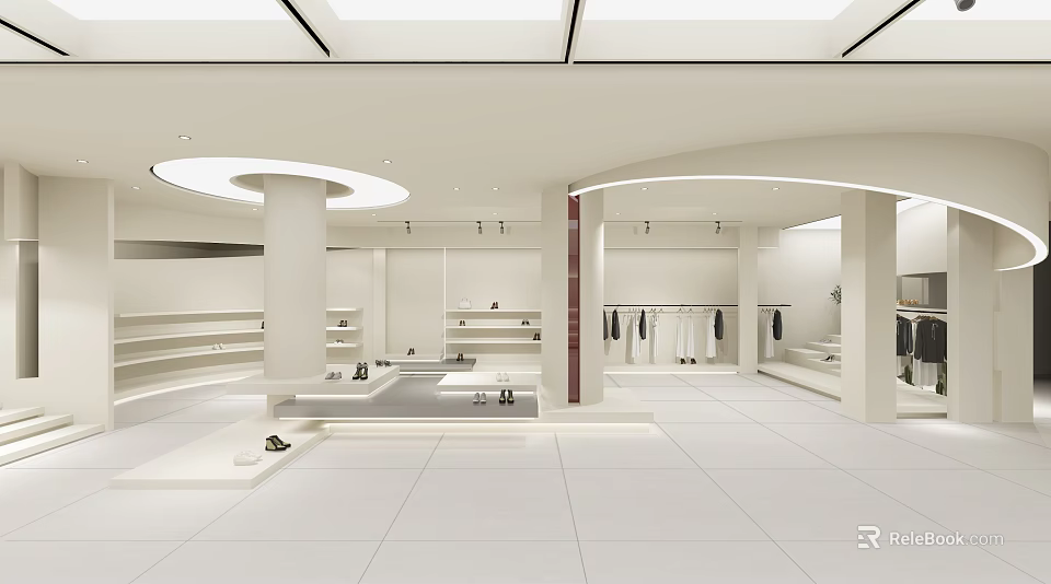 Modern White Clothing Store Interior With Display Racks Hanging Clothes And Shoes 3d model 