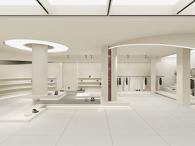 Modern White Clothing Store Interior With Display Racks Hanging Clothes And Shoes 3d model