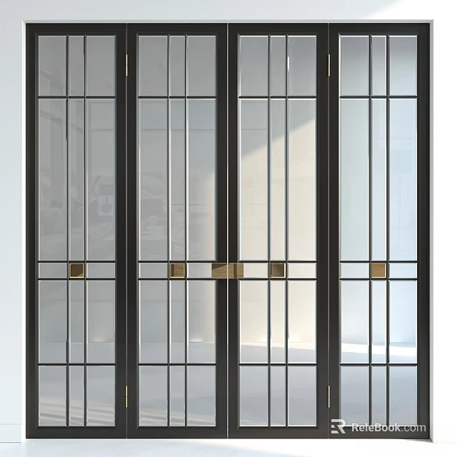 Modern Swing Door With Black Metal Frame And Glass Grid Design Panels 3d model 