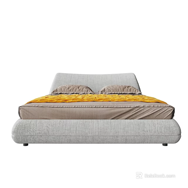 Modern Upholstered Double Bed With Soft Headboard Comfortable Mattress And Yellow Bedding 3d model 