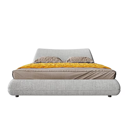 Modern Upholstered Double Bed With Soft Headboard Comfortable Mattress And Yellow Bedding 3d model