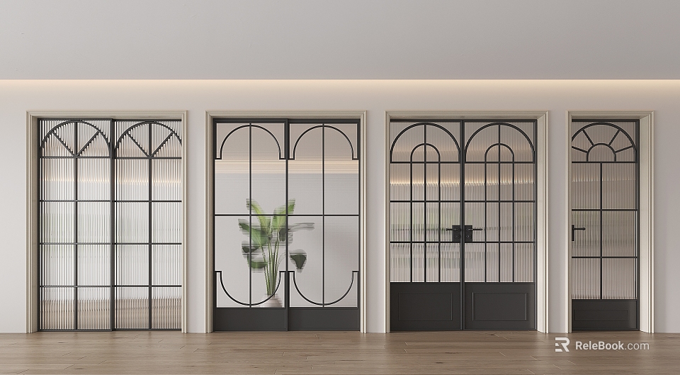 Modern Black Frame Glass Sliding Doors With Arched Design In Interior Space 3d model 
