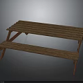 Rustic Wooden Picnic Table Featuring Attached Bench Slatted Surface And Wooden Frame